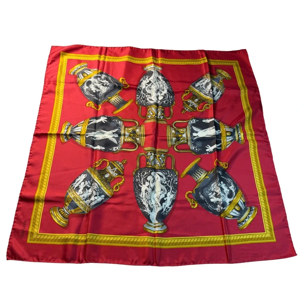 Silk Scarf Red Gold Greek Urn Vase Motif Hand Rolled Made in Italy‎  33